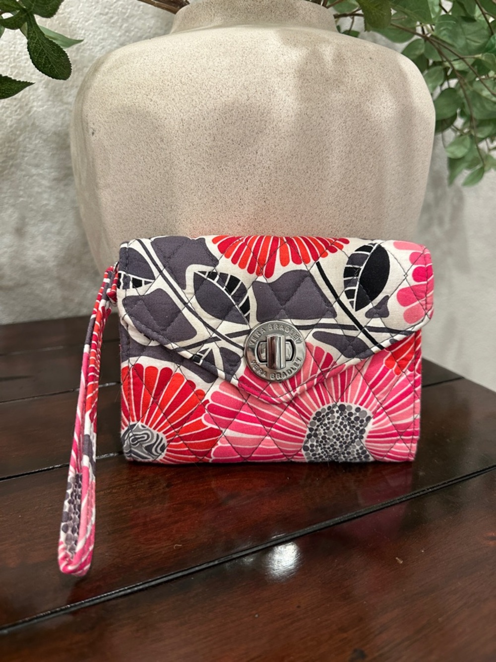 Vera Bradley Pink, Red & Gray Quilted Floral Wristlet with Turn-Lock
